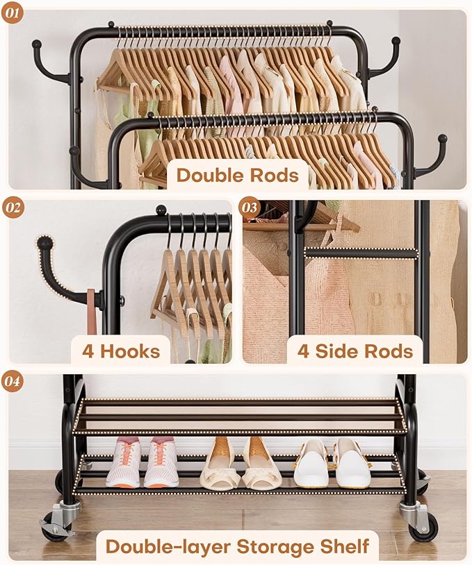 Homde Heavy Duty Clothes Rack: 265lb Rolling Double Rod Garment Hanging - Metal Coat Organizer Storage Display Shelf on Wheels for Bedroom Laundry