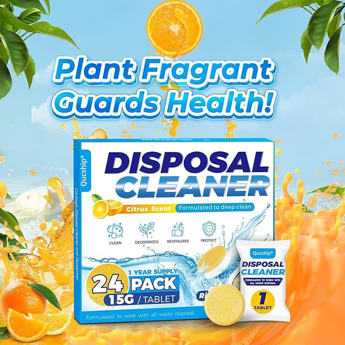 Garbage Disposal Cleaner and Deodorizer Tablets - 24 Pack, Powerful XXL Foaming Disposal Cleaner - Citrus Scented Foam, Natural Garburator & Sink Freshener, Septic Safe Kitchen Drain Cleaning Care