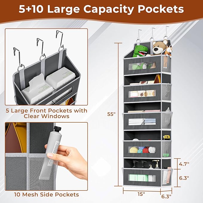 5 Tier Over The Door Organizer - Large Capacity Behind Door Hanging Shelves with 10 Mesh Pockets and Clear Windows, Closet Organizers and Storage for Bathroom, Bedroom, Nursery, 2 Pack Grey
