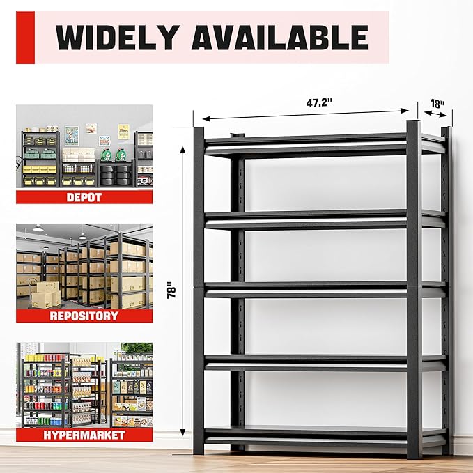 OLLRRACT Garage Storage Rack – Heavy Duty 5 Shelf Metal Shelving, Durable Storage Organizer for Tools, Equipment, and Supplies, Perfect for Maximizing Garage and Utility Space 18" D x48 W x78 H