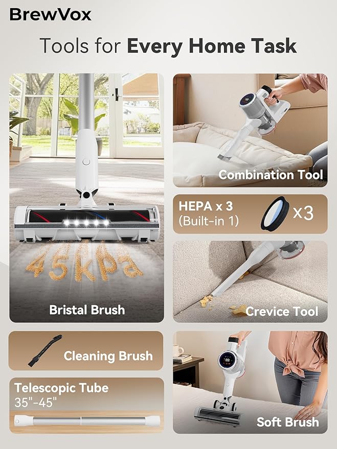 BrewVox Telescopic Cordless Stick Vacuum Cleaner for Home & Pet Hair, Smart Auto Detect, 2 Motorized Brushes, 6 Stage Filtration, 45kPa Powerful Suction, 550W Motor, 60 Min Runtime, Quick Rechargeable