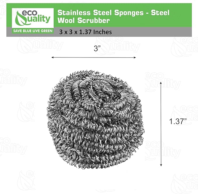 48 Pack Stainless Steel Sponges, Steel Wool Scrubber, Scrubbing Scouring Pad for Pots, Pans and Ovens Great for Kitchen, Bathroom, Outdoors by EcoQuality