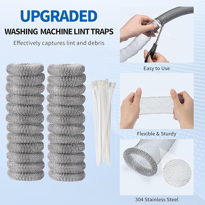 40 Pieces Lint Traps Stainless Steel Washing Machine Lint Snare Traps Laundry Mesh Washer Hose Filter with 40 Pcs Cable Ties