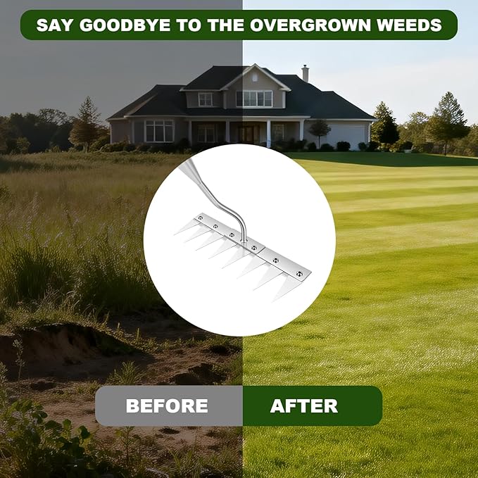 Weeding Rake w 45’’ Ergonomic Curved Handle, 2026 Upgraded 8 Teeth Stainless Steel Weed Puller Tool w Weeding Blade, Cultivator Rake Gardening Tools for Yard, Flower Beds & Loosening Soil