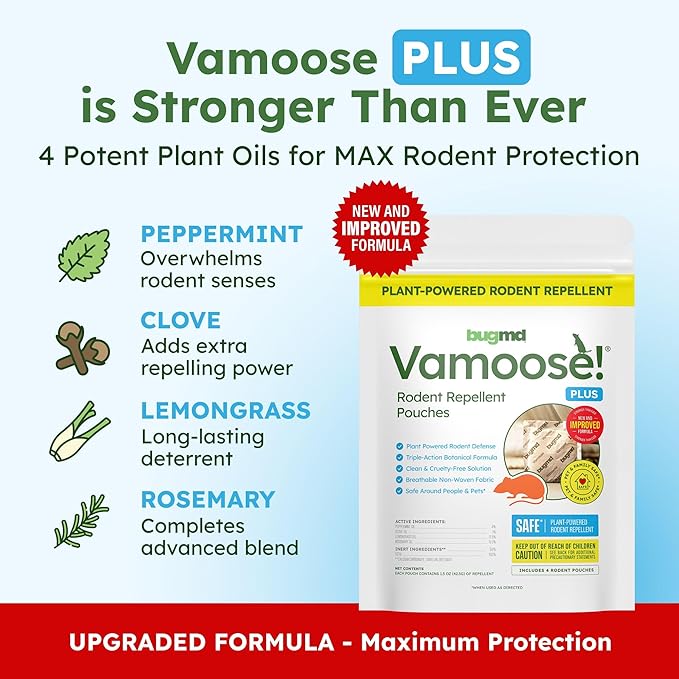 BugMD Vamoose Plus Peppermint Oil Mouse Repellent Pouches | Natural Mice Repellent Indoor & Rat Deterrent for House, Garage, RV, Car & Storage | Plant-Powered Rodent Control - 1 Pack - 4 Pouches