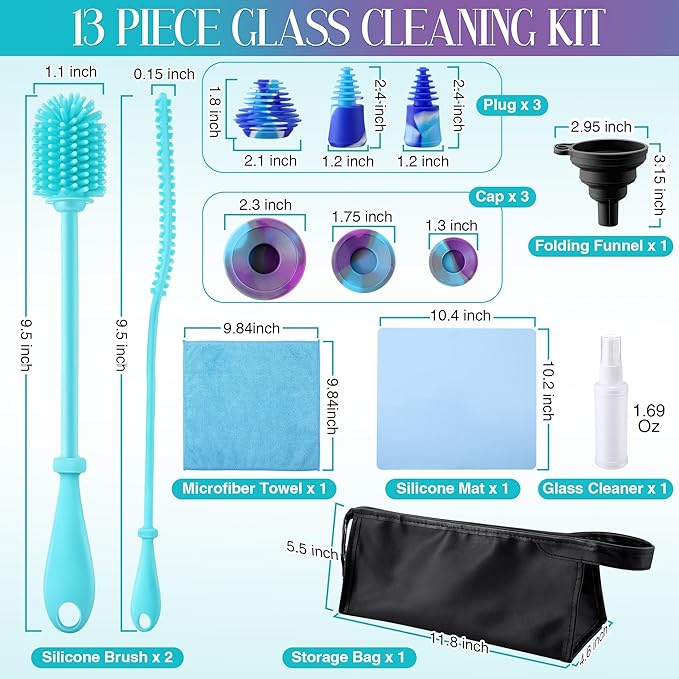 Enhon 13 Piece Glass Cleaning Kit, Reusable Glass Cleaner Kit with Cleaning Plugs & Caps, Silicone Bottle Brushes, Cleaner, Mat, Folding Funnel, Storage Bag & Towel, Effortless Washing & Easy Storage