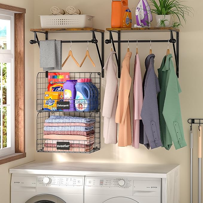 Laundry Room Shelves Wall Mounted with Wire Baskets, Over the Washer and Dryer Shelf with Clothes Drying Rack, Wire Shelves Baskets for Laundry Closet Organization and Storage, Wood+Metal, Black
