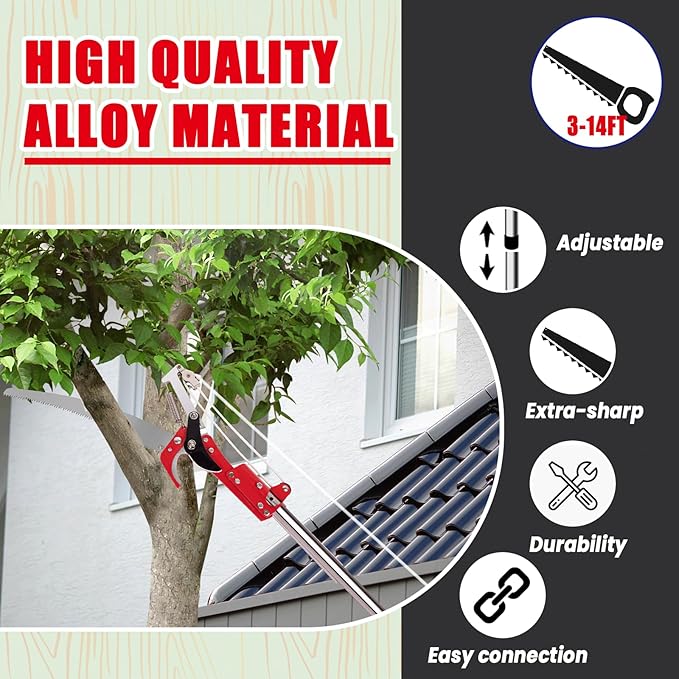 Manual Pole Saw, 3-14 ft Extendable Tree Pruner, Sharp Steel Blade and Scissors High Branches Trimming,with Lightweight 10 Handles, Protective Glasses and Gloves, for Pruning Palms and Shrubs