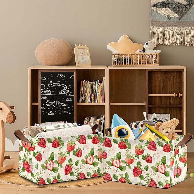 Strawberry Storage Baskets,Leaves Foldable Large Capacity Organizer Bins with Waterproof Lining and Leather Handles for Closet,Shelf,Bedroom 17x11.5x10Inch