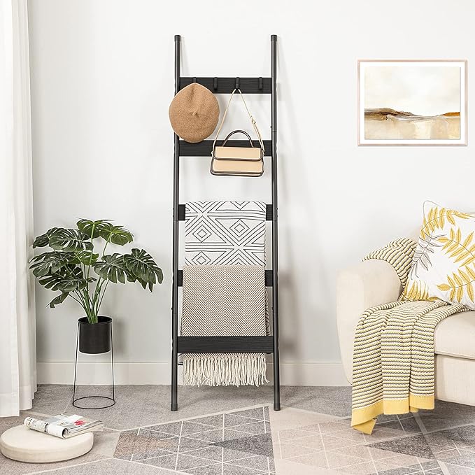 HOOBRO Blanket Ladder, 5-Tier Towel Rack with Hooks, Wall-Leaning Blanket Rack, Decorative Display Ladder Shelf, Scarves, Industrial, Living Room, Bedroom, Black BB52CJ01