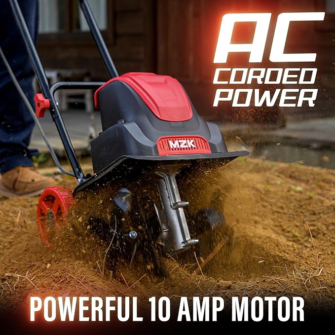 MZK 12-Inch 10.5 Amp Corded Electric Tiller/Cultivator for Gardening, 8-inch tillling Depth with Adjustable Wheels, Electric Garden Rototiller for Lawn/Yard/Garden Soil Digging,TC12A03