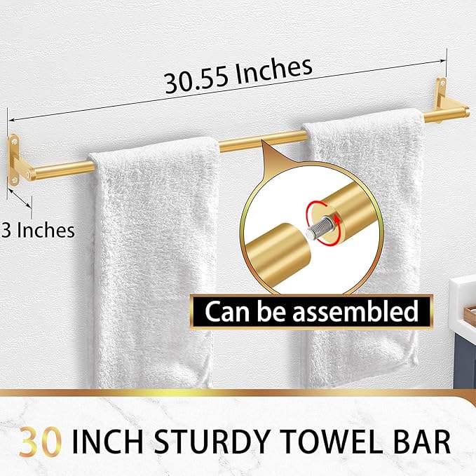 30 Inch Towel Bar Gold, Towel Bar for Bathroom Wall, Heavy Duty Single Bath Towel Rod, Modern Brushed Gold
