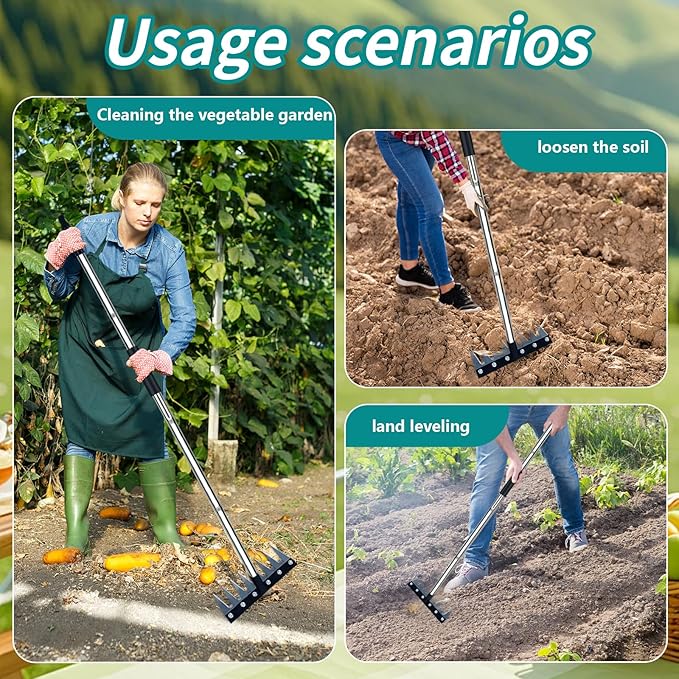 Stainless Steel Weeding Tool - 8 Tine Garden Rake with Adjustable Handle (31"-63"), Heavy Duty Weed Puller for Soil Cultivation, Rust-Resistant Garden Hand Tool