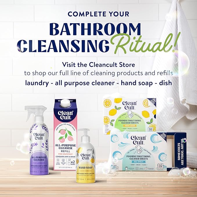 Cleancult Toilet Bowl Cleaner Sheets - Dissolvable, Septic Safe, Effective Cleaning, Removes Stains & Rings, Cleans & Deodorizes - 32 Uses - Fresh Lemon Scent - Plastic-Free Packaging