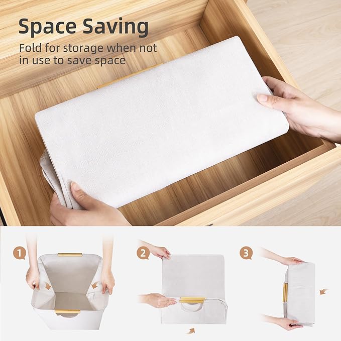 STORAGE MANIAC 2-Pack Large Laundry Hamper, 100L (26.4 Gal) Collapsible Laundry Basket with Bamboo Handles, Freestanding Waterproof Clothes Hamper for Laundry Room, Bedroom, Dorm, Towels, Toys, White