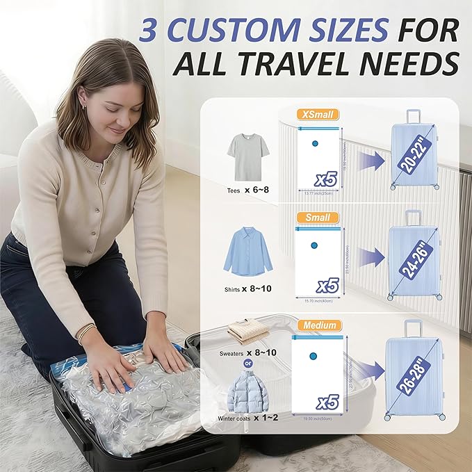 Cozy Essential Travel Vacuum Storage Bags with Rechargeable Cordless USB Pump, Space Saver Bags for Luggage, Suitcase, Carry-On, for Clothes, Blankets, Bedding & Seasonal Storage,15 Combo