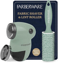 Farberware Fabric Shaver & Lint Remover Set–Battery Operated Sweater Shaver with Triple Blades and Extra Sticky Roller for Pet Hair, Fuzz & Pilling on Clothes, Upholstery & Bedding (Sage, Small)