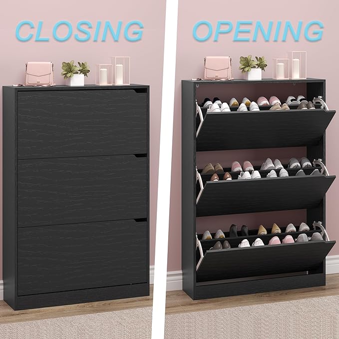 BORNOON Shoe Storage Cabinet with 3 Flip Drawers,Narrow Shoe Rack Cabinet,Freestanding Organizer Storage for Entryway, Hallway, Black