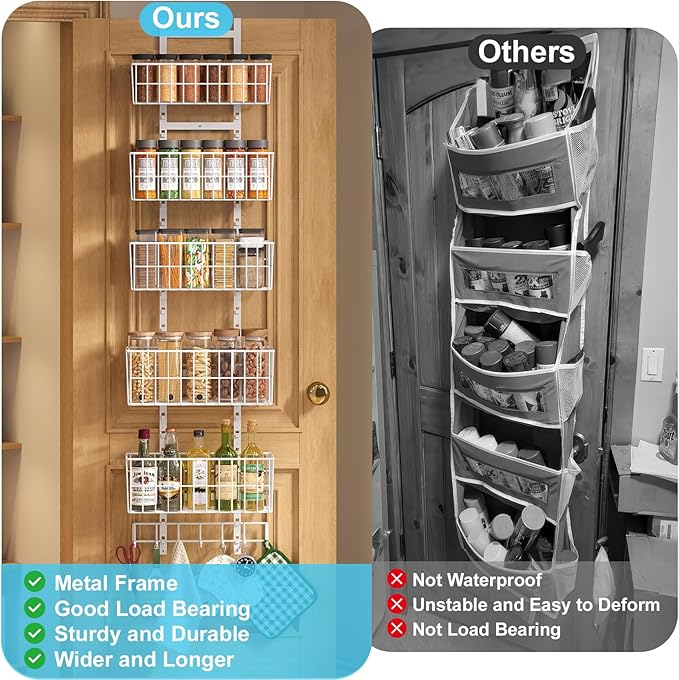 Hongtamoya Over The Door Organizer, Hanging Door Organizer with 5 Metal Baskets, Behind The Door Storage for Pantry Closet Bedroom Bathroom Cabinet Kitchen, White