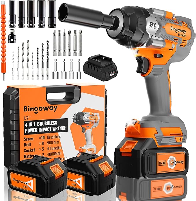 900N.m Brushless Cordless Impact Wrench 1/2", 4-in-1 High Torque 21V Power Electric Impact Gun with 2x4.0Ah Batteries, 5 Sockets, 8 Drills, 10 Screws, LED, Variable Speed for Car Repair Home