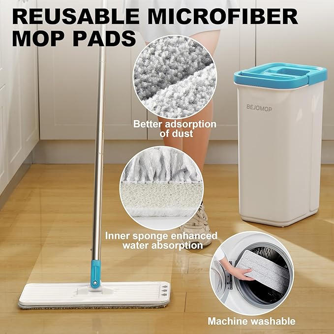 Mop and Bucket Set, Mops for Floor Cleaning Turquoise-Cyan, Wall Mop with Long Handle, Squeeze Flat Mop and Bucket System, Dry & Wet Dust Mop for Household Cleaning with 2 Microfiber Mops
