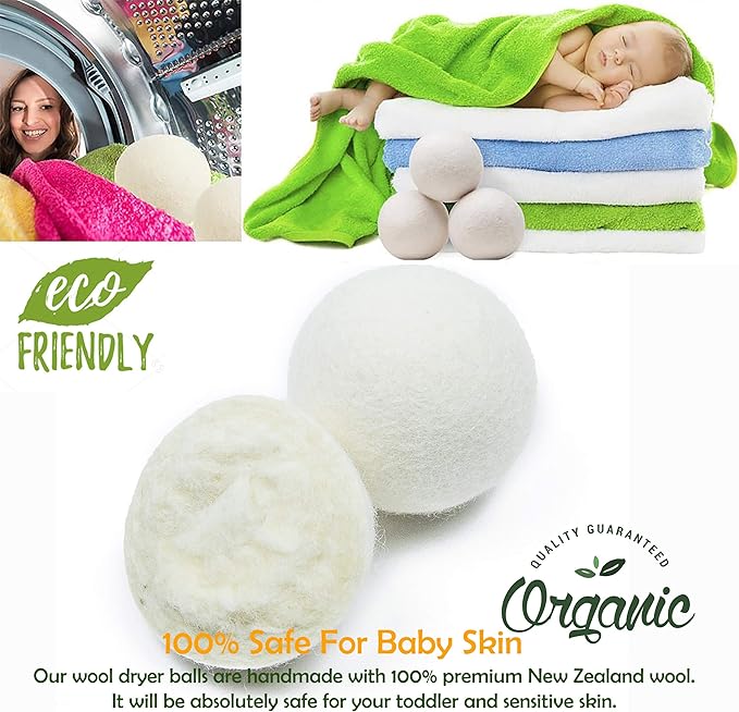 (WB0006-6 Pk Wool Dryer Balls - Premium XL Organic Eco-Friendly Natural Unscented Non-Toxic Felt Laundry Balls, Anti-Static, Chemical Free, Fabric Softener, 100% Natural New Zealand Wool