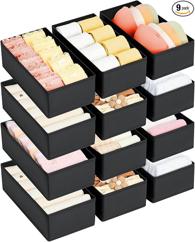 DIMJ Drawer Organizer Clothes - Underwear Organizer Small Sock Organizer Closet Organizers and Storage Box Dresser Drawer Dividers for Baby Clothes,Bra,Socks, Belt, Tie, Set of 12, Black