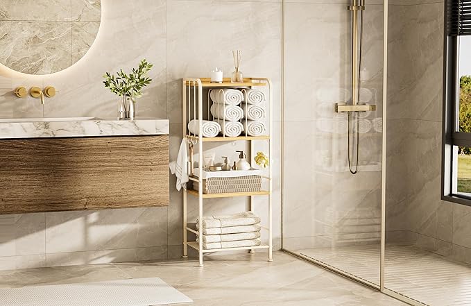 TETOTE Towel Rack 4-Tier M-Shaped Detachable Dividers Towel Storage Organizer with Hooks Modern Towel Stand Shelf for Bathroom, Pool, Kitchen, Living Room, White