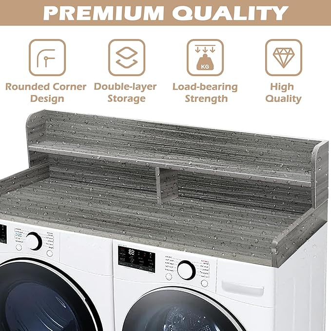 Royxen Laundry Countertop with 2-Tier Shelf Universal Fit, Washer and Dryer Countertop with Storage Space, Shelf Height 11.5 Inches, Solid Wood Core, Eucalyptus