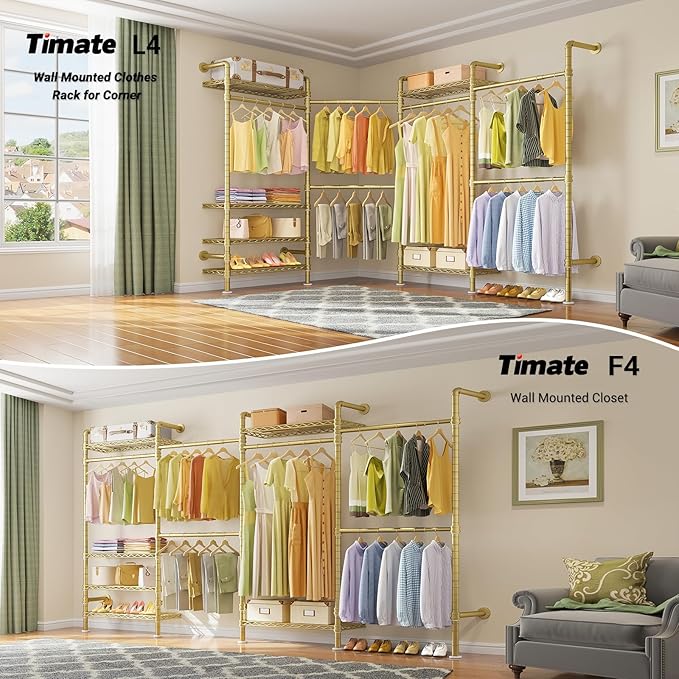 Timate F4 Wall Mounted Clothes Rack Industrial Pipe Clothing Rack for Hanging Clothes, Expandable Garment Rack Heavy Duty Wardrobe Closet Organizer and Storage, Adjustable Industrial Closet Kit, Gold