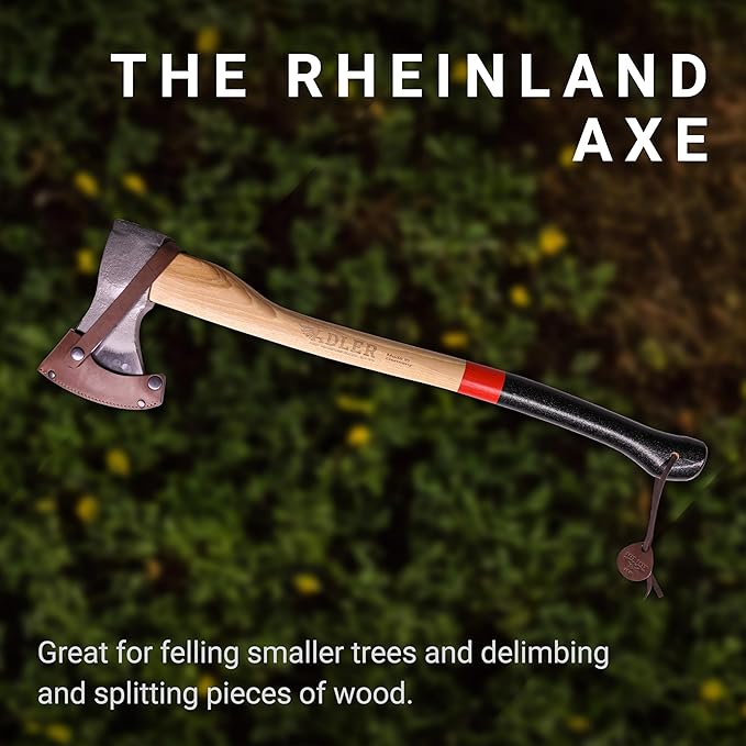 Adler Rheinland Axe - Classic German Axe for Felling & Delimbing Small Trees, Leather Sheath, 2.75 lb Head, Anti-Slip 27.5" Hickory Handle, Red Stripe