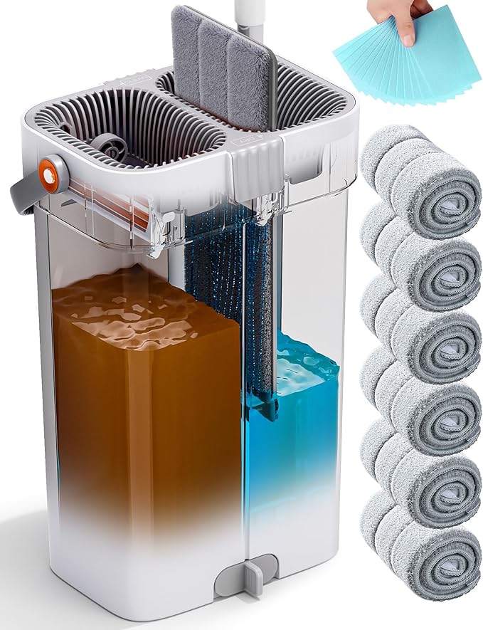 CTIME Large Mop and Bucket Set, Flat Mop and Bucket System, Wall Mop with Adjustable Handle (Max 70.87 Inches), Mops for Floor Cleaning, 6 Washable 15.74'' Microfiber Mop Pads