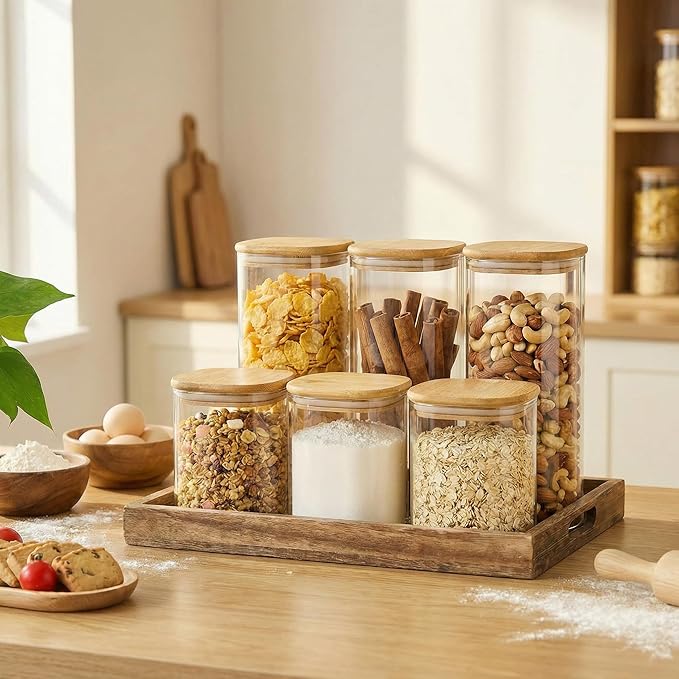 HomArtist Square Glass Jars with Bamboo Lids 30 FL OZ [Set of 6], Glass Canisters with Airtight Lid, Glass Food Storage Container for Pasta, Flour, Sugar, Rice, Best for Kitchen & Pantry