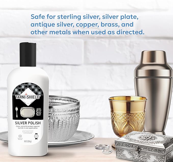 Tarni-Sheild Silver Polish - Clean, Polish, and Protect Against Tarnish - 8 Ounces – Safely Cleans Silver, Copper, Brass, and Other Metals in Just One Application