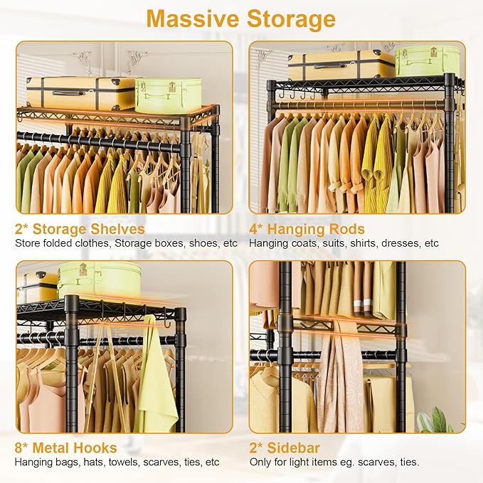 ULIFHOME P4 Rolling Clothes Rack Heavy Duty, Clothing Racks for Hanging Clothes, Freestanding Garment Racks with Wheels, Metal Portable Closet Rack 35.5''W × 20.5''D × 80.5''H, Max Load 560Lbs, Black