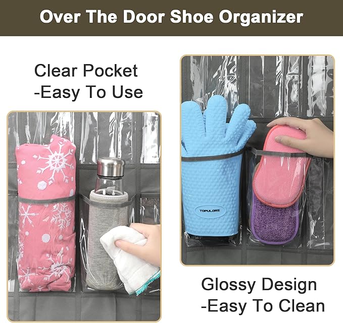Over The Door Shoe Organizer - Space Saving Shoe Rack for Closet Door with 24 Crystal Clear Pockets and Metal Hooks, Shoe Holder Back of Door Organizers for Shoes, Gray Hanging Shoe Organizer (Gray)