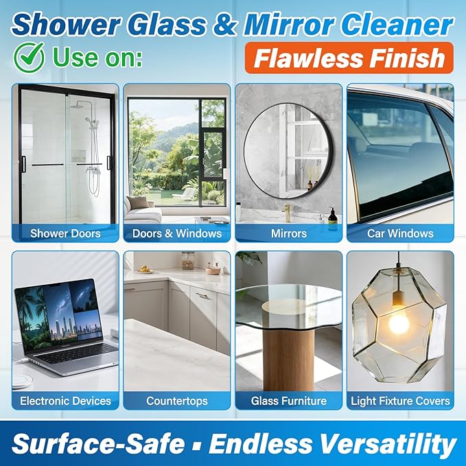 Shower Glass Cleaner, Hard Water Stain & Soap Scum Remover for Glass, Windows and Mirrors, Streak-Free Bathroom Glass Cleaner with Cleaning Towel, 8.45 fl oz / 250ml
