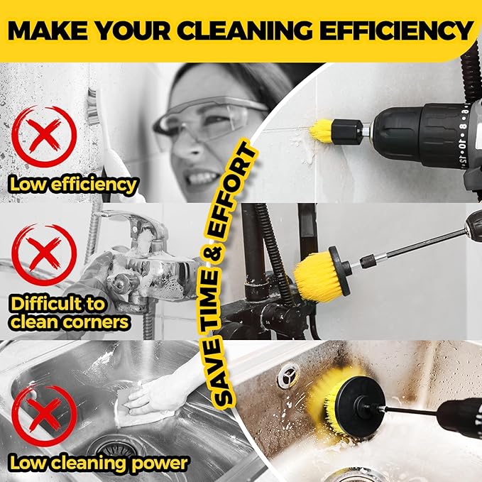 Holikme 8 Piece Drill Brush Attachments Set, Power Scrubber Brush with Extend Long Attachment，Cleaning Supplies，Scrub，Shower Scrubber，Bathtub, Bathroom, Kitchen（Black）
