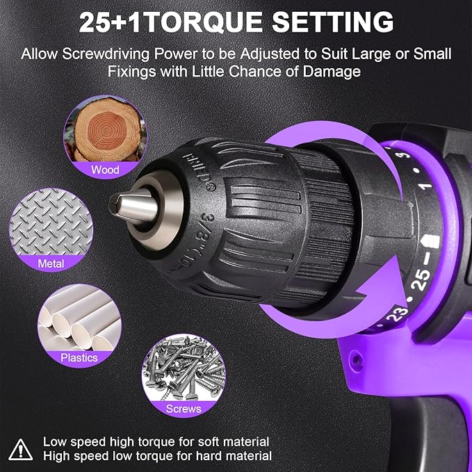 Purple Cordless Drill Set,20V Drill Driver with Battery and Charger,3/8-Inch Keyless Chuck, Variable Speed,with Drills Bits Set