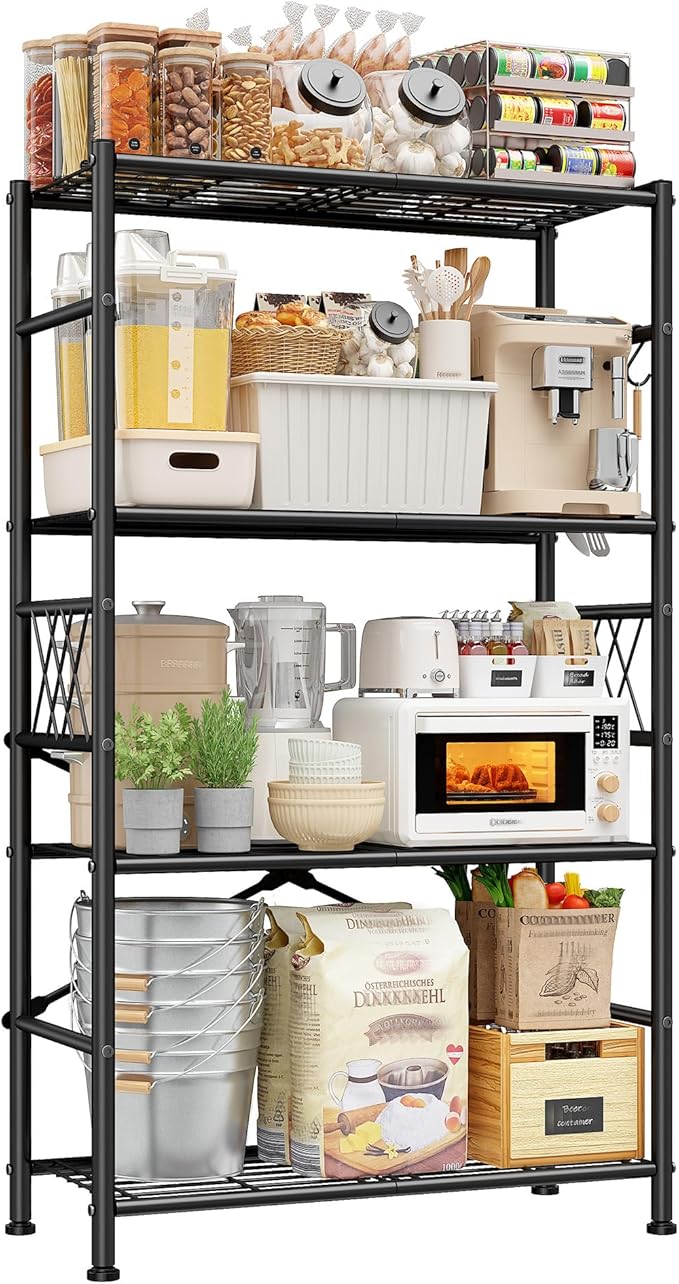 Wire Shelving Storage Rack with Hooks,Metal Shelving Units Shelf Organizer,Wobble-Free Garage Shelving with Adjustable Leveling Feet for Kitchen Pantry Laundry Bathroom Closet Dorm,12"D x 30"W x 60"H