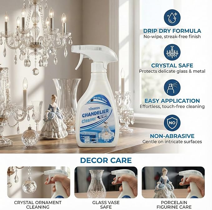 Chandelier Cleaner Drip Dry Spray, No Wipe Formula for Crystal Chandeliers, Streak-Free Spray-On Cleaner for Glass & Decorative Lighting Fixtures, Surface-Friendly on Crystal, 10.14 oz