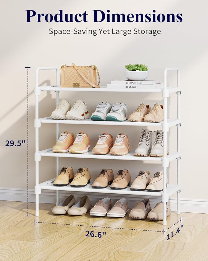 Kitsure Shoe Rack for Closet, Shoe Organizer for Front Door Entrance, Stackable Shoe Shelf, Detachable Closet Organizers and Storage, 26.6" Wide - 4 Tiers, White