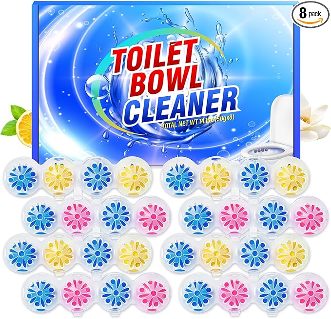 SCENTORINI 4-in-1 Toilet Bowl Cleaner, Rim Hanger Automatic Toilet Bowl Freshener, 4 Lemon & 4 Magnolia Scent, Toilet Bowl Cleaning Balls Long-Lasting up to 30 Days
