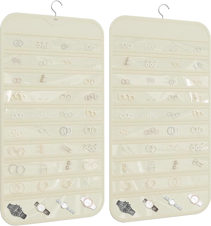 1 Pack Hanging Jewelry Organizer 80-Pocket Dual-sided Jewelry Storage for Earring Necklace Bracelet Ring Travel Holder, Beige