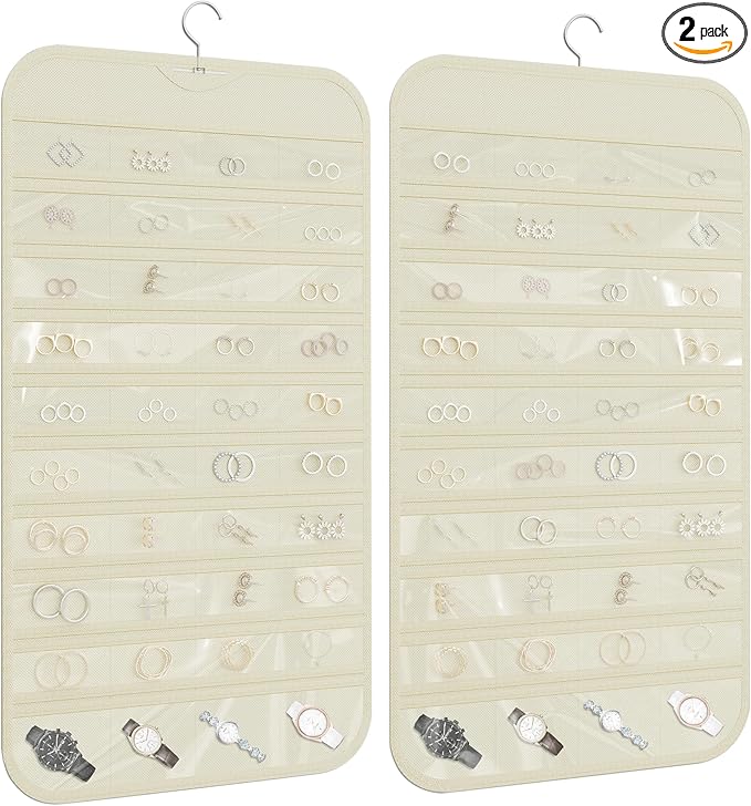 2 Pack Hanging Jewelry Organizer 80-Pocket Dual-sided Jewelry Storage for Earring Necklace Bracelet Ring Travel Holder, Beige
