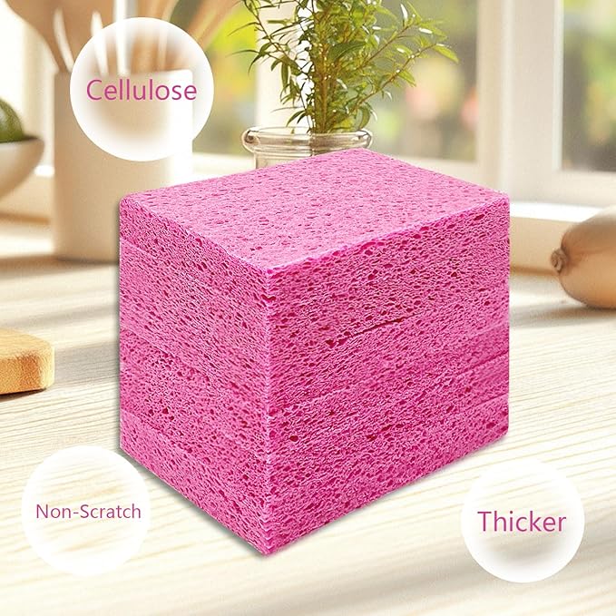 Cellulose Sponges, Large Size 4" x 6" x 1" - Heavy Duty Scrub Kitchen Sponge, Clean Tough Messes Without Scratching Kitchen Cleaning Pads, Pop Up Eco DIY (6 Pack), Pink