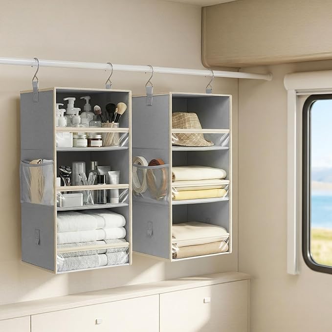 STORAGE MANIAC 6-Shelf Hanging Closet Organizer and Storage, 2 Separable 3-Shelf Haning Organizers for Closet, Collapsible Hanging Shelves Wardrobe Organization, College Dorm Room, Nursery, Gray