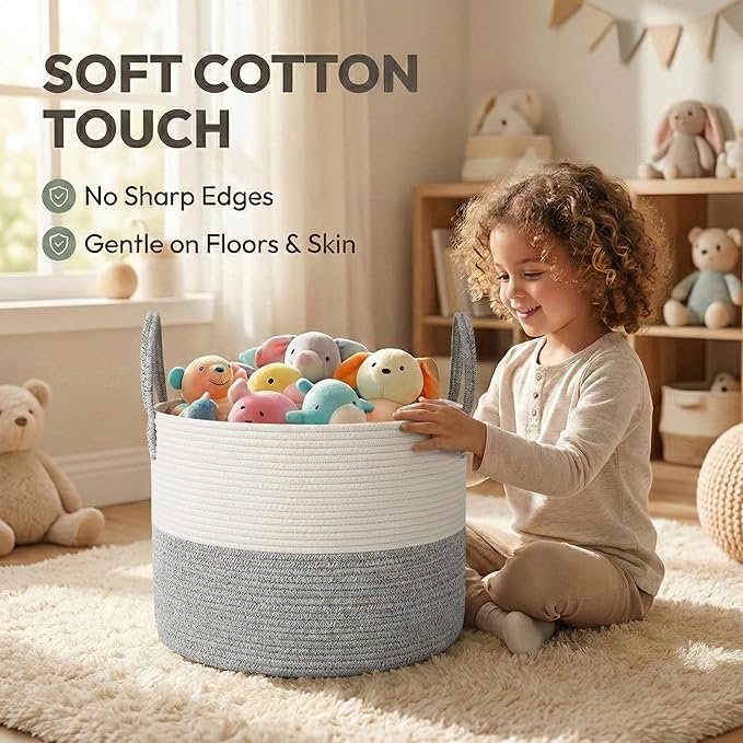 JMvicyroam 115L Extra Large Blanket Basket for Living Room - Woven Cotton Rope Laundry Hamper with Reinforced Handles - Storage Bin for Pillows, Comforters & Toys - Machine Washable,White&Grey