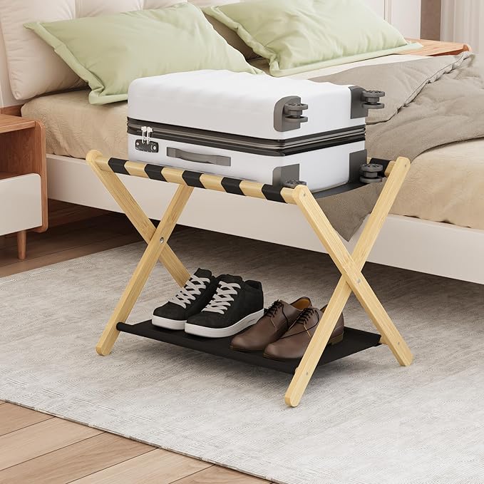 Smuxee Natural Bamboo Luggage Rack for Guest Room, Foldable Suitcase Stand with Storage Shelf, Easily Assembled Luggage Stand with 5 Nylon Straps for Guest Room Bedroom Hotel