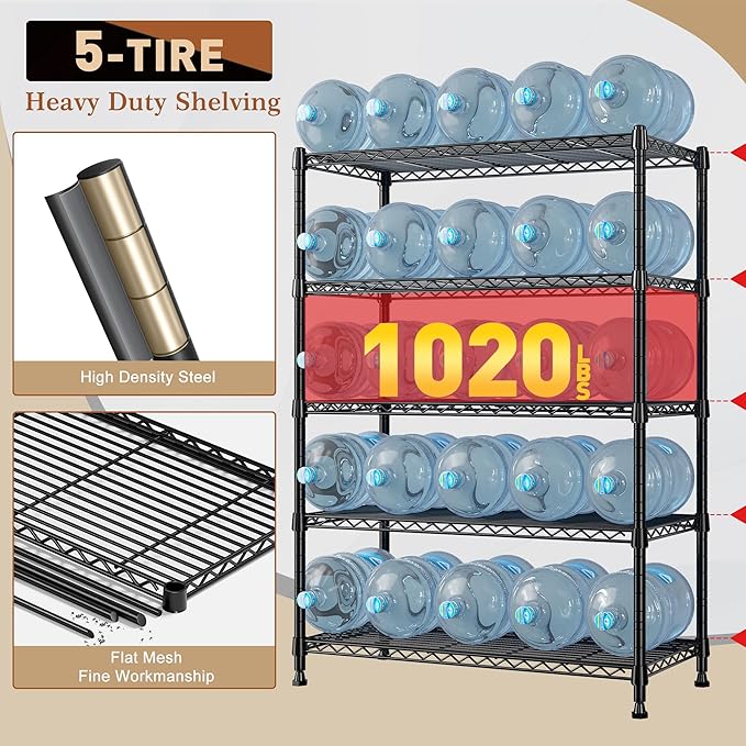 REIBII 5-Tier Wire Shelving Storage Shelves Metal Shelves,1020 LBS Adjustable Heavy Duty Metal Shelving Units and Storage for Garage Pantry Kitchen Bathroom 29" W X 14" D X 63" H